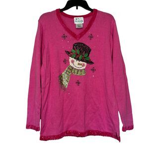 NEW QUACKER FACTORY woman's size medium M Christmas beaded bling snowman sweater